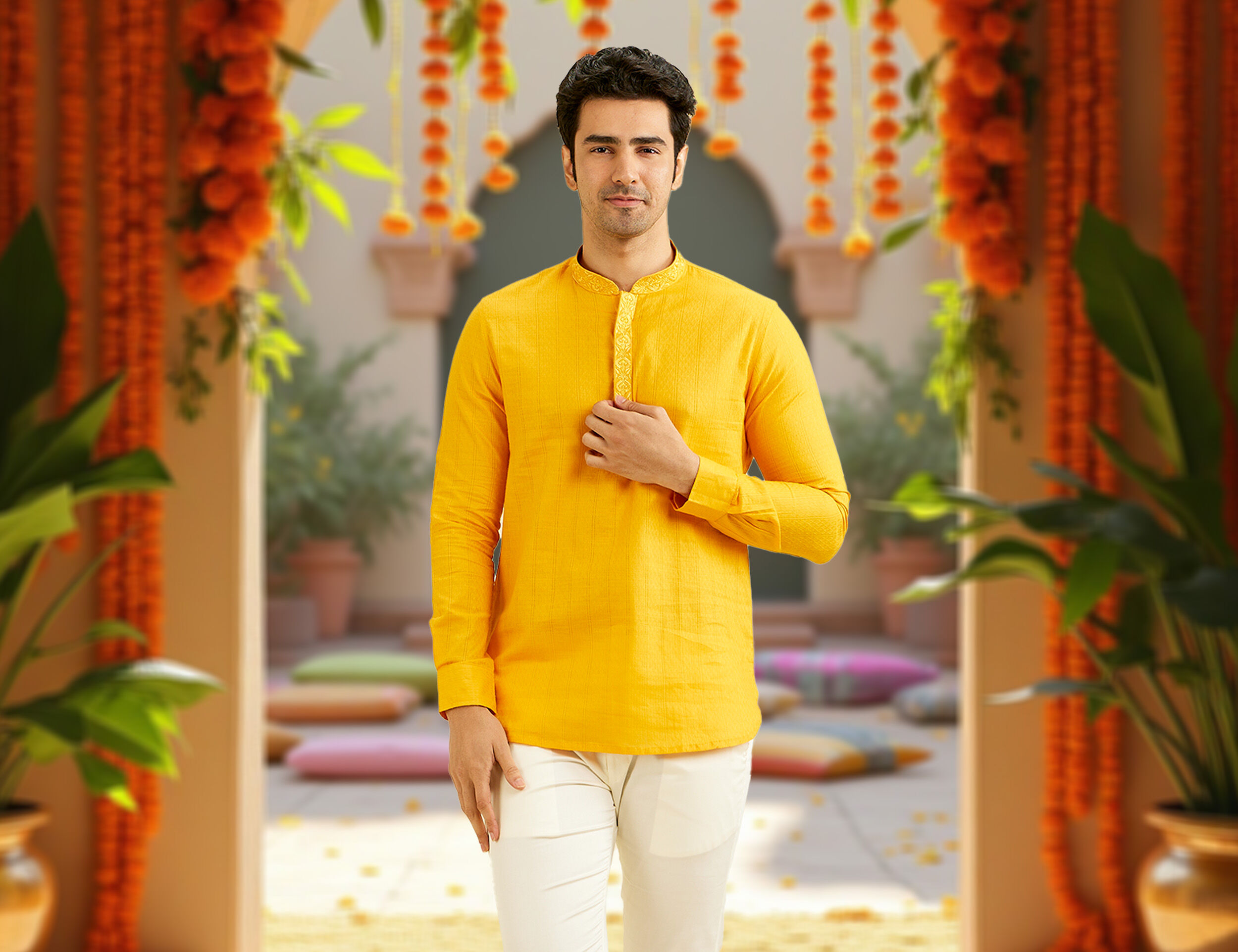 A man wearing a printed yellow short kurta styled for a vibrant pre-wedding ceremony.